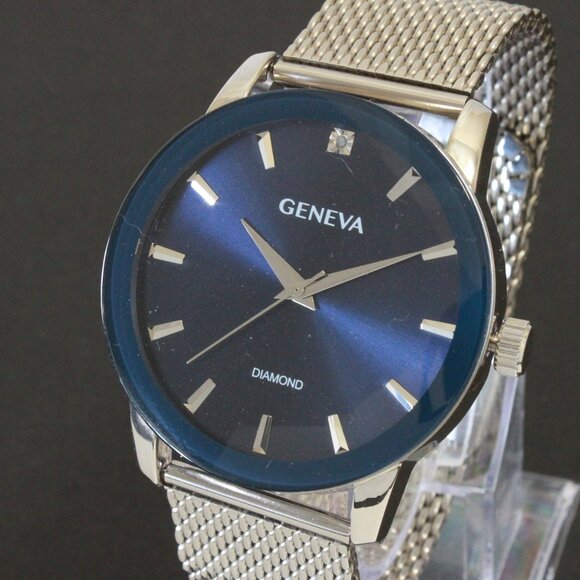 Geneva Men's Dress Watch Diamond At 12 Blue Dial Milanese Bracelet 42mm